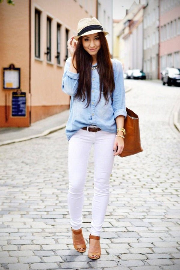 White Pantsuit With Denim Shirt For Women White Pantsuit With Denim Shirt For Women